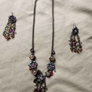 Floral Statement Necklace & Chandelier Earrings Matching Jewelry Set